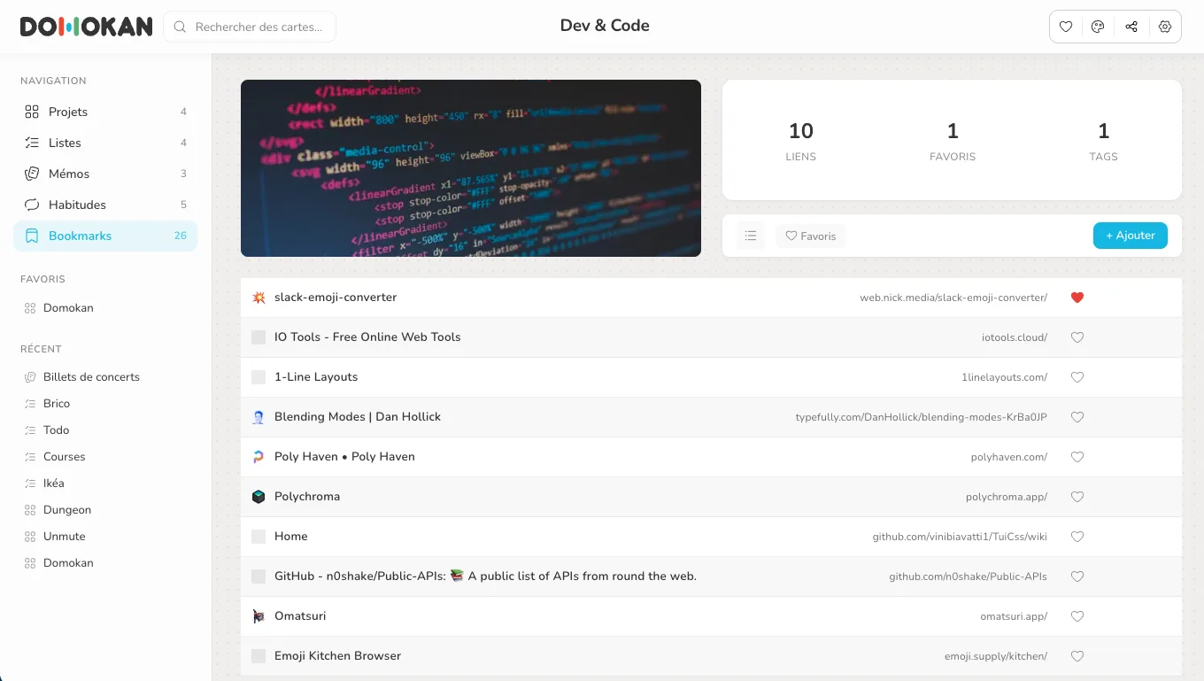 Vue d'une collection de favoris Dev & Code dans Domokan avec liens et compteurs